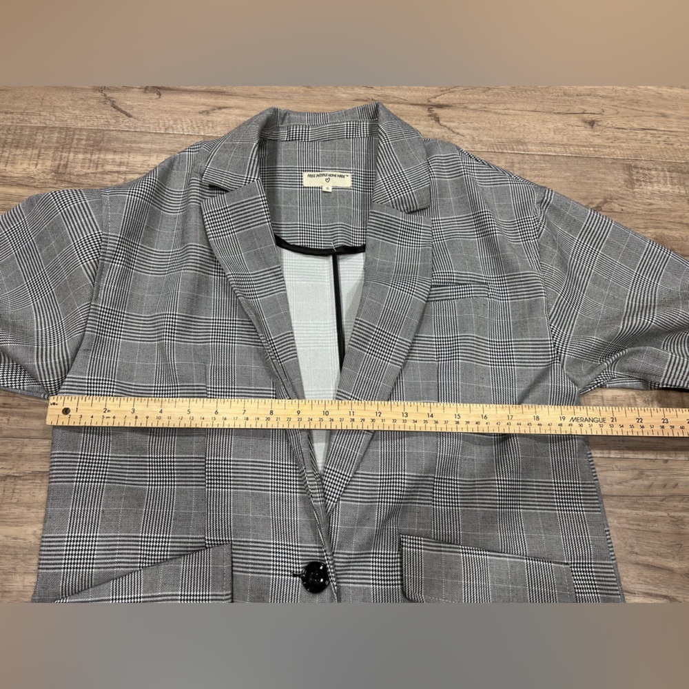 Free People Gray black plaid houndstooth Checkered Blazer oversized baggy preppy - Picture 4 of 8